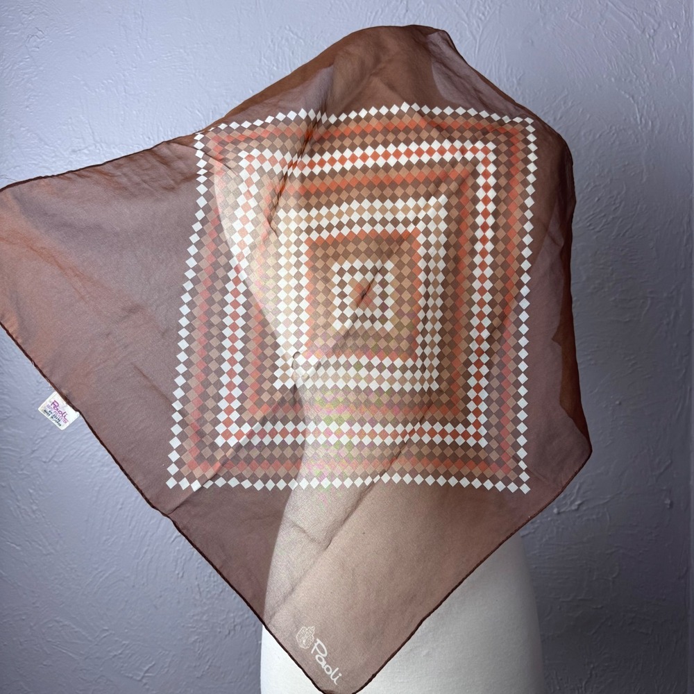 Vintage 1970s square brown sheer scarf tans brown checkered 70s mod style